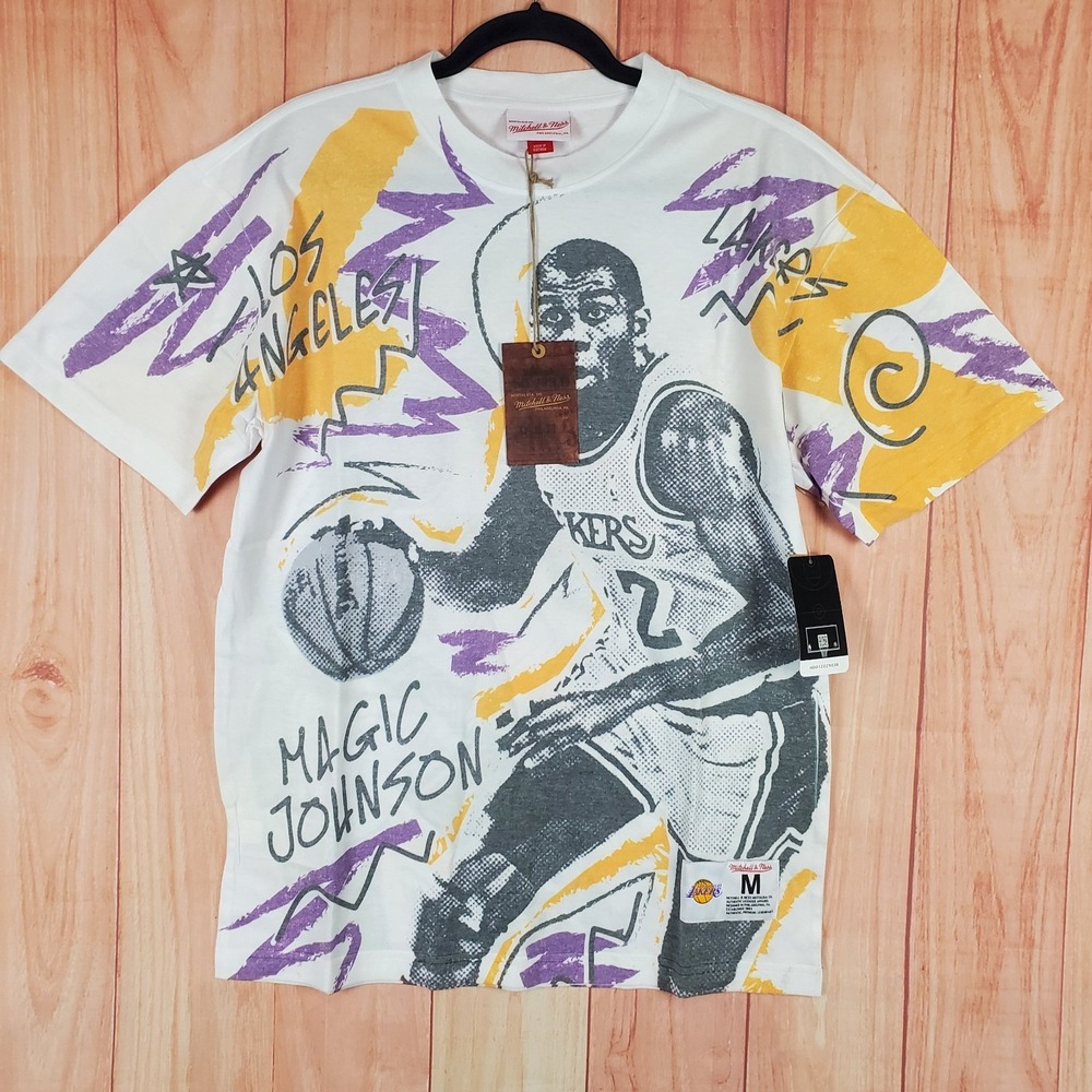 Los Angeles Lakers Shirt Mens M White Magic Johnson Mitchell & Ness AOP